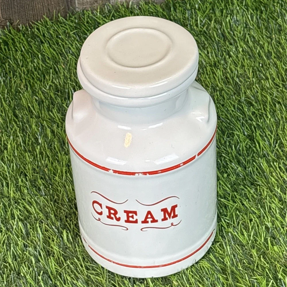 Vintage White‎ Ceramic Cream Canister Jar w Lid Red Lettering Farmhouse